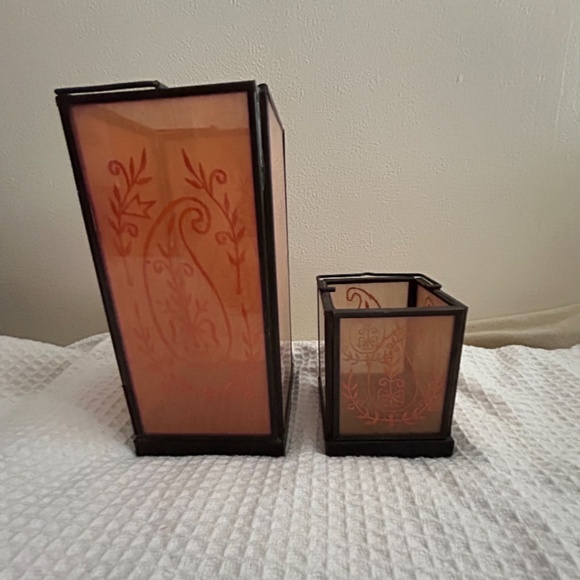 2 x Metal Glass Lantern Candle Holder Orange Embroidery boho dining decor fall - Picture 2 of 6